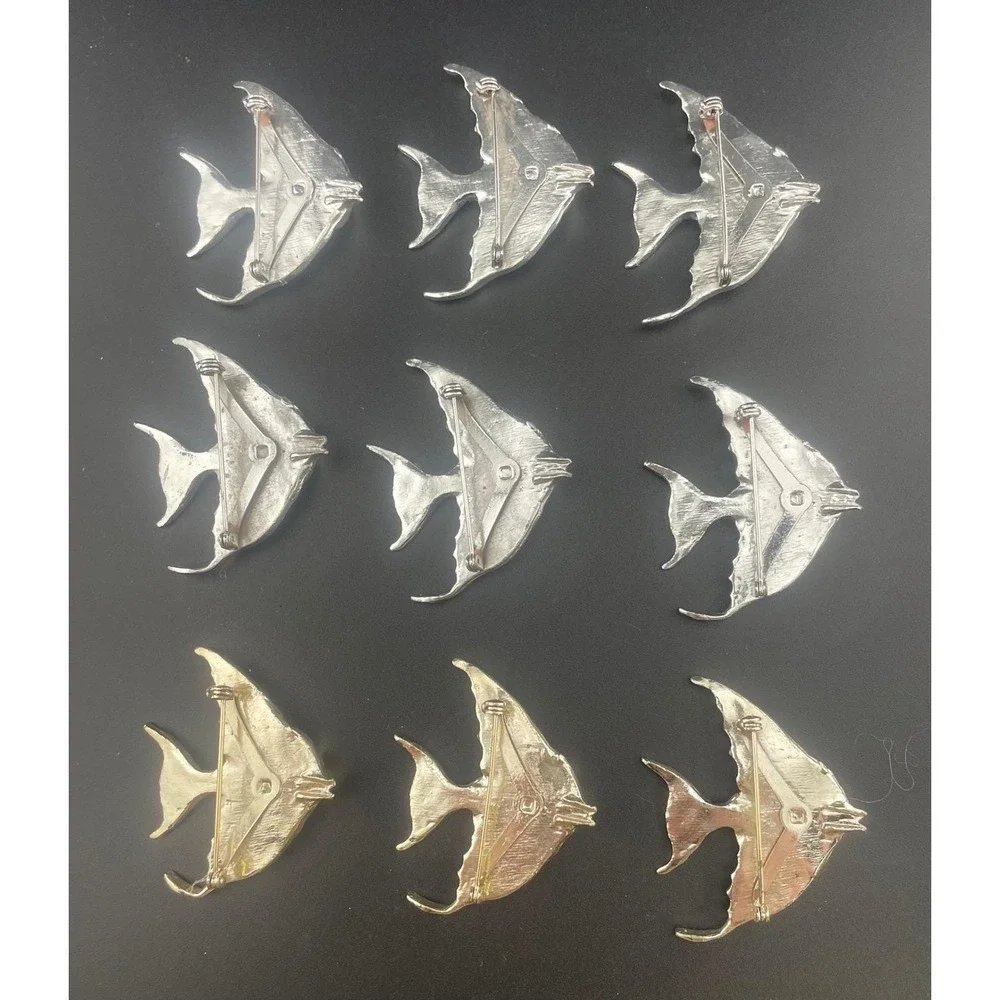 Lot of 9 Silver Tone‎ Fish Brooch Components Rainbow Art Glass Designer Ready